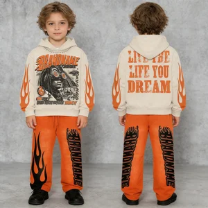 Manufacturer Custom Streetwear Vintage Double Hooded Hoodie and Flared Sweatpants Kids Jogger Set Acid Wash Boys Tracksuits