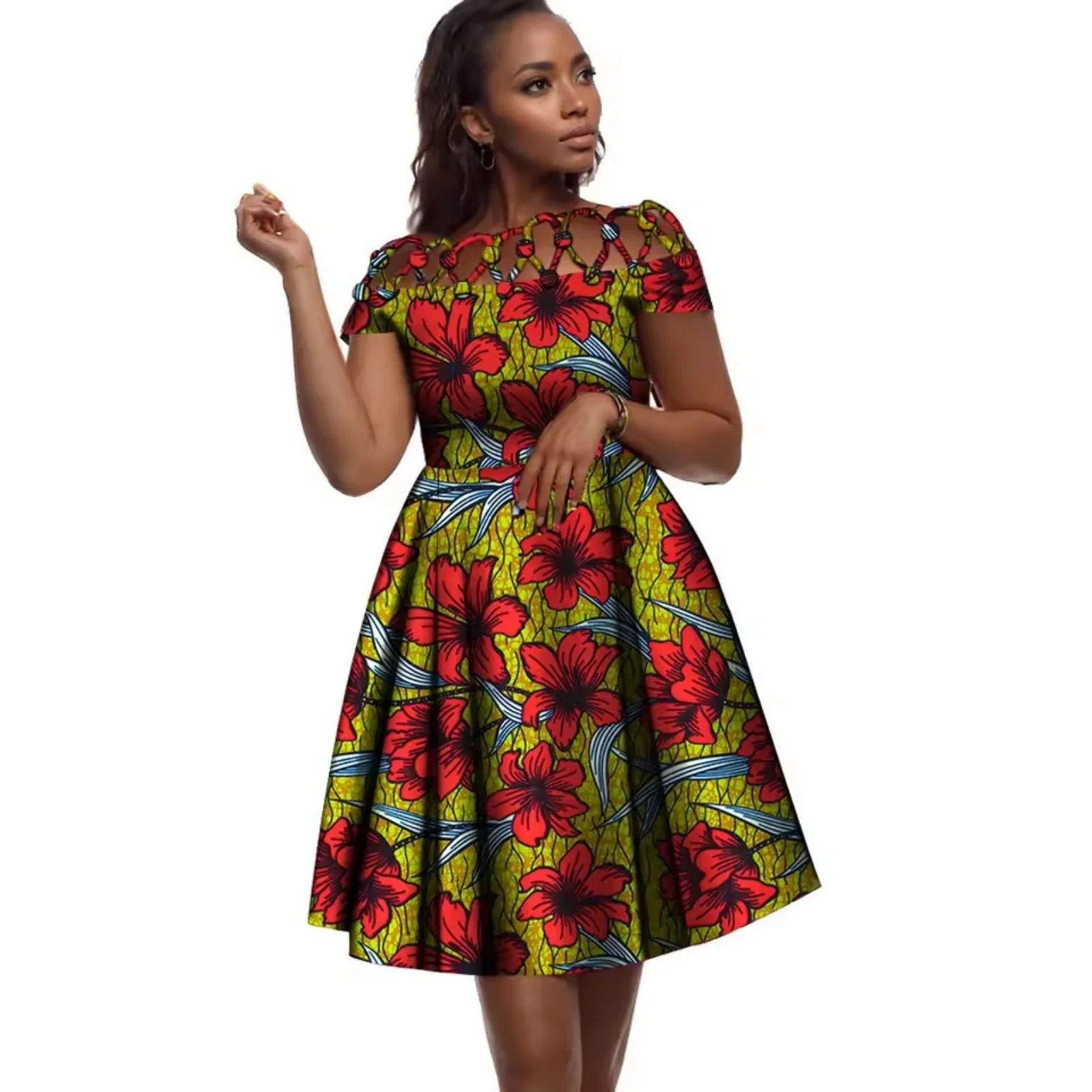 dashiki dresses for ladies Elegant African Women Plus Size Spring Summer Autumn Eco-Friendly Cotton Rope Weaving Collar Print Wax Clothing vacationdress