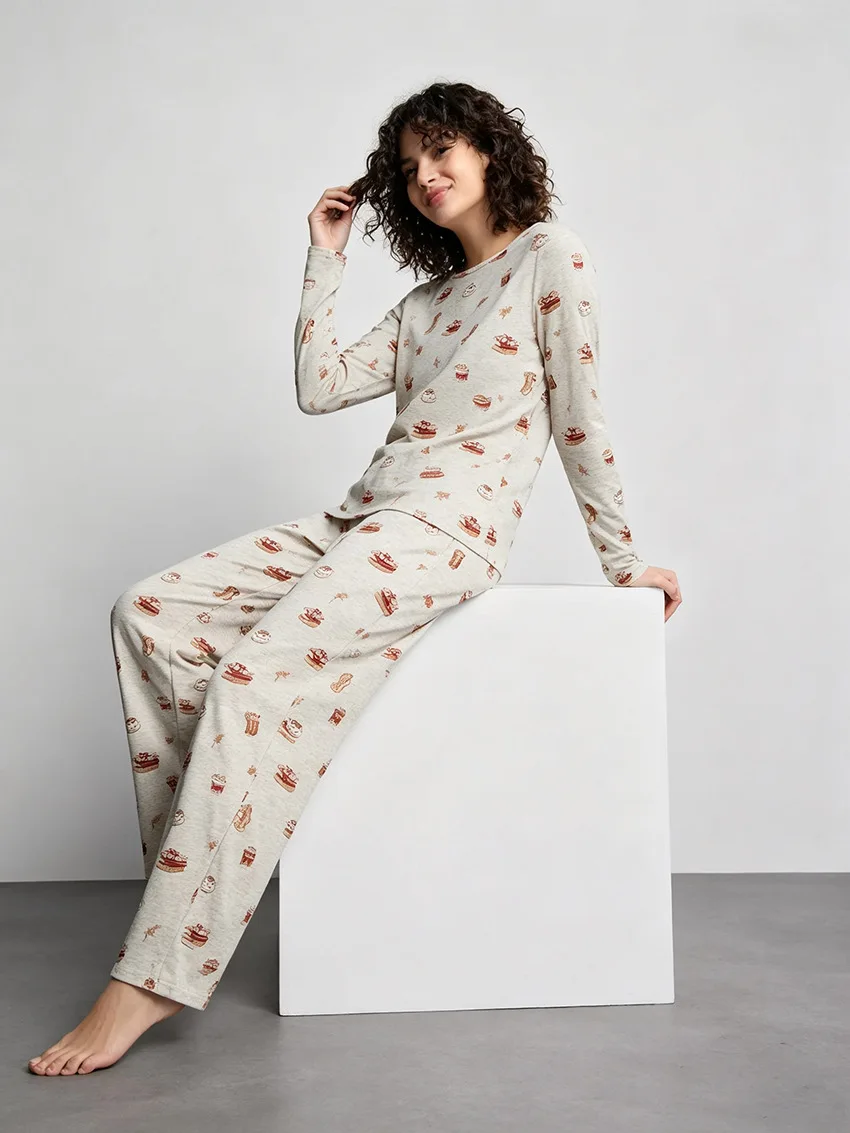 Womens Polyester Spandex Pajama Set Long Sleeve Round Neck Allover Print Lounge Wear Sleepwear Autumn Winter — detail