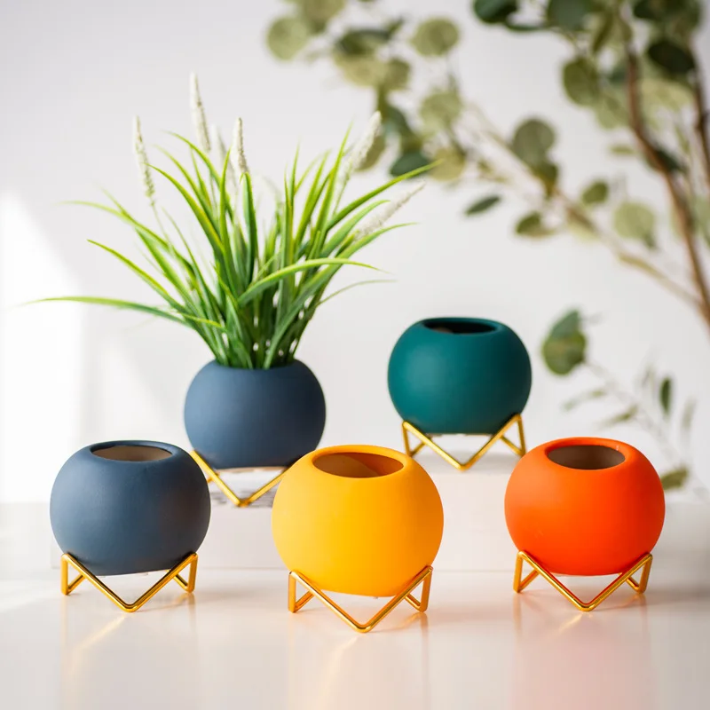Nordic Ceramic Iron Art Vase Marble Pattern Plant Flower Pot Home Office Vases