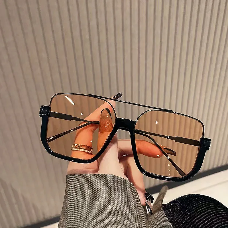 Retro Oversized Square Sunglasses, Double Bridge Metal Frame, UV400 Protection Metal Square Frame Sunglasses Big Tr90 Double Bridge  main image 2