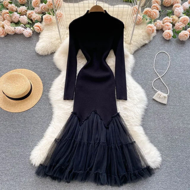 Simple Style Gauze Patchwork Sweater Dress Full Sleeves Stand Collar Ruffles Slim Dress Women Fishtail Wrap Dress