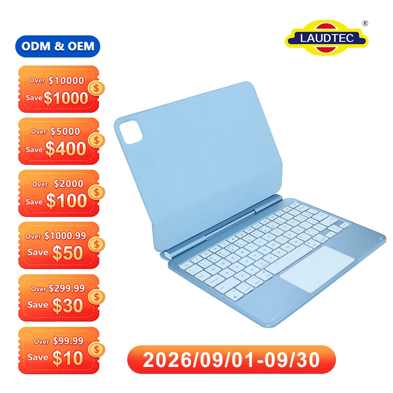 Venta al por mayor de teclado inalámbrico magnético suspendido con retroiluminación RGB y disposiciones multilingües, además de touchpad de vidrio para iPad de 10.ª y 11.ª generación