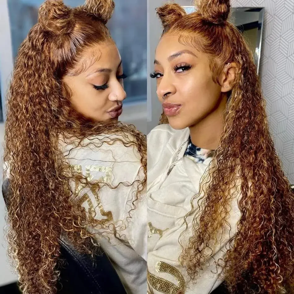 Parrucca frontale in pizzo con onde d'acqua biondo miele, capelli umani, 30 pollici, onda profonda sciolta frontale_voghion.com
