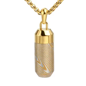 Unique Fashion Pattern Rose Gold Damascus Steel and Stainless Steel Cylinder Men Charming Pendant Necklace