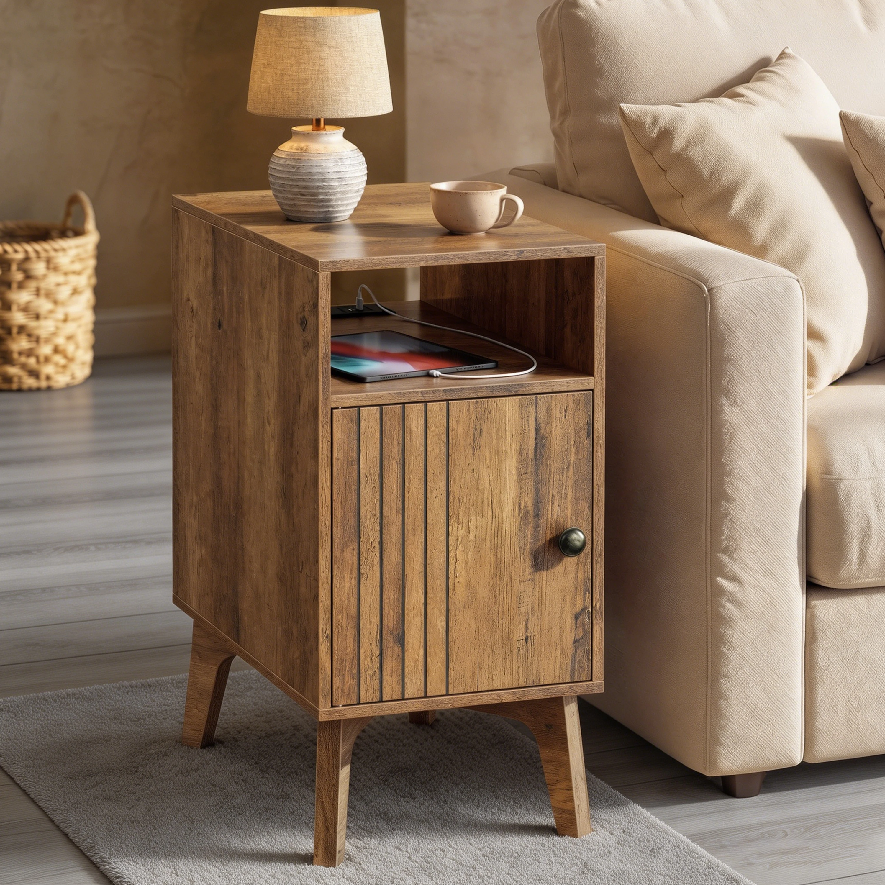 Mid Century Modern Nightstand with Charging Station Fluted Wooden End Table with USB AC Outlets Cabinet for Bedroom Living Room