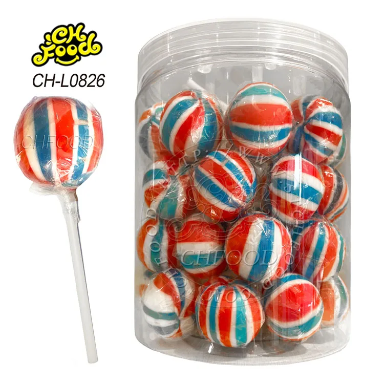 Red and Blue Stripes Ball Shape Lollipop Pin Pop Hard Candy Sweets Custom Halal Candy for Children
