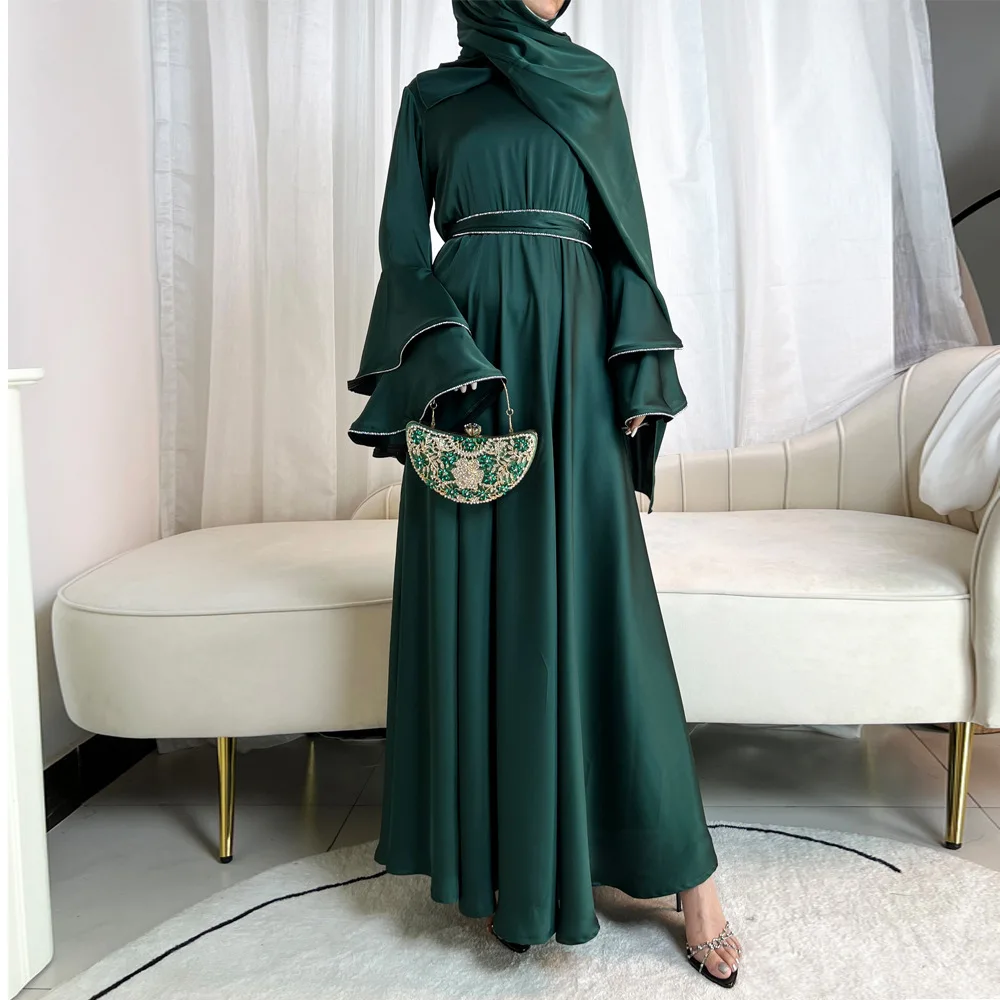 2025 New Arrival Muslim Women Dress Solid Color Ruffle Sleeves Elegant  Muslim Long Dress Dubai Muslim Dress With Matching Hijab