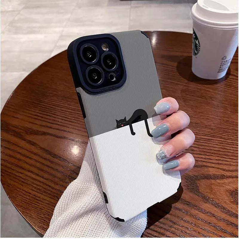 Lazy Black Cat Printing Soft TPU Artificial Leather Mobile Phone Cover Case For Iphone 6 7 8 X Xr Xs 11 12 13 14 15 16 Pro Max