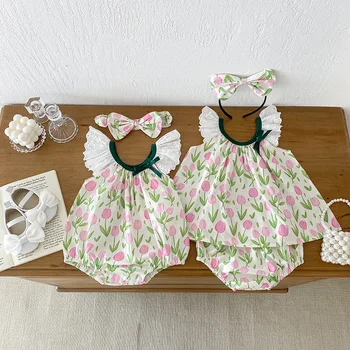 2024 Summer new baby clothes baby girl short sleeve suit girl flounced sleeve onesie Summer Sisters outfit