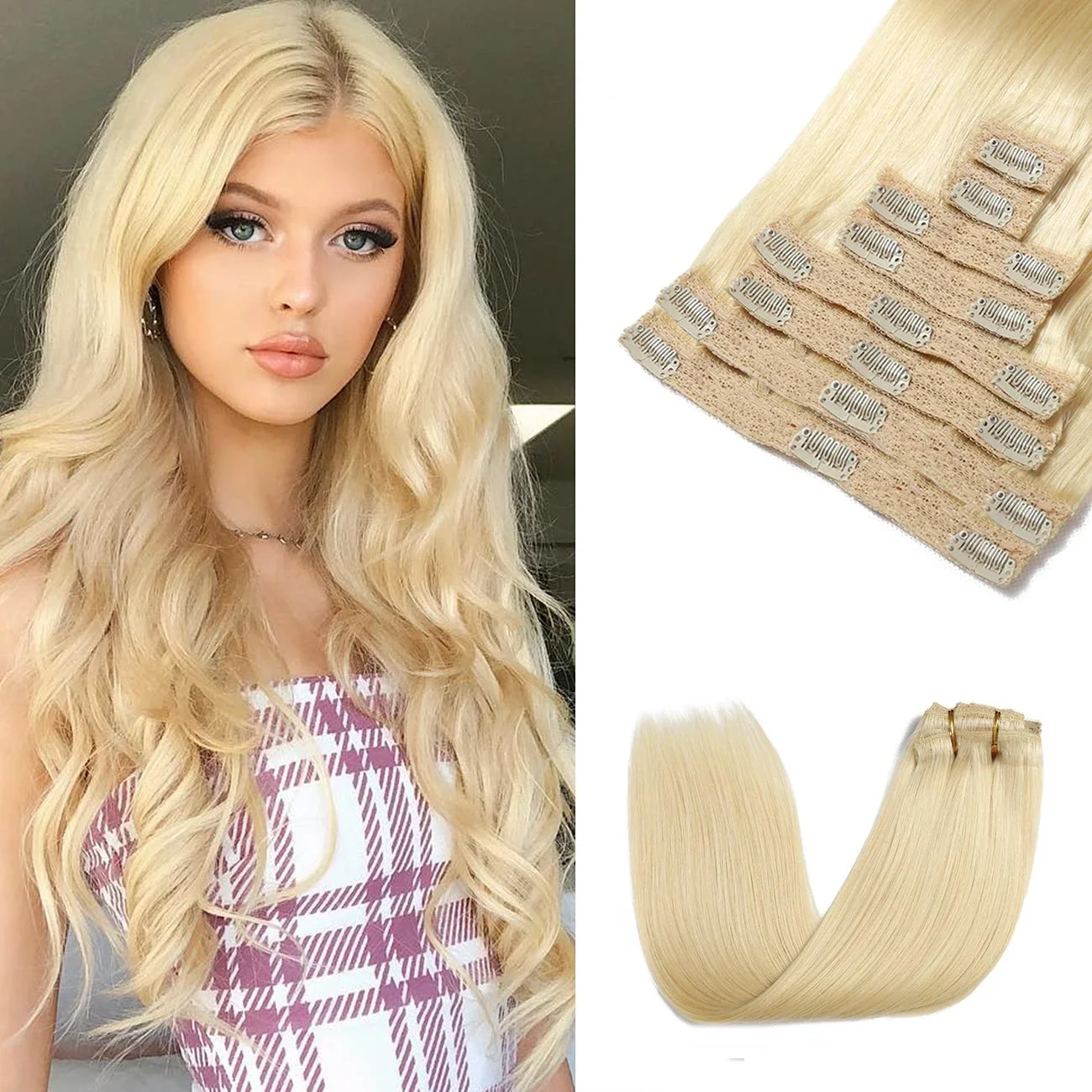 Extensions de cheveux à clipser Cheveux humains 613 Blond décoloré Lisse 120 grammes Brésiliens pour femmes_voghion.com