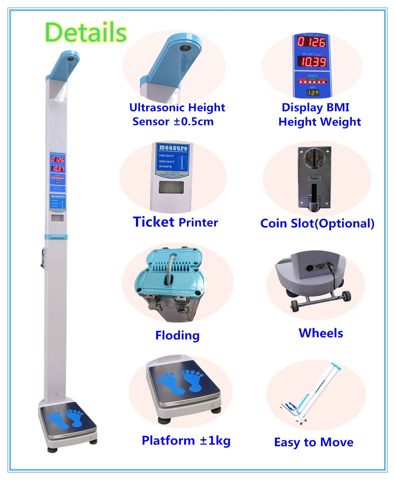 Coin Operated Height Weight BMI Scale with Printer and Land Wheel 200kg -  China Ultrasonic Height Weight Scale, BMI Body Scale