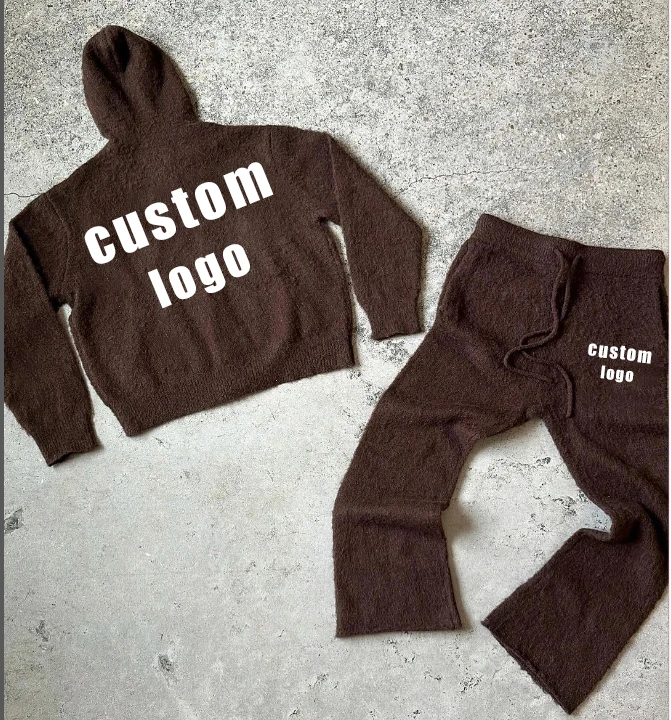 Custom Flared Sweatpants Tracksuit Sweatsuits Unisex Set Oversized Sweat Suit Mohair Zip up Hoodie and Jogger Sweat Pant Set Men gallery 10