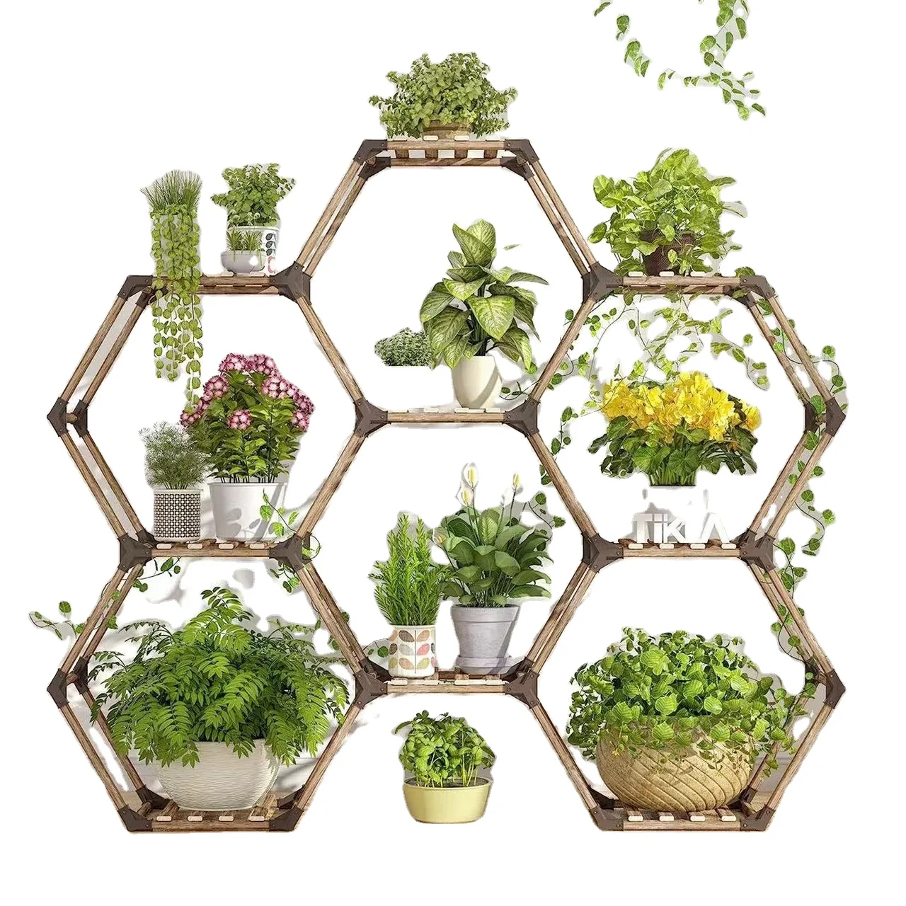 Hexagon Plant Shelf - 9-Grid Wooden Flower Rack for Indoor & Outdoor Plants, Succulents & Herb Garden, Natural Home Decor