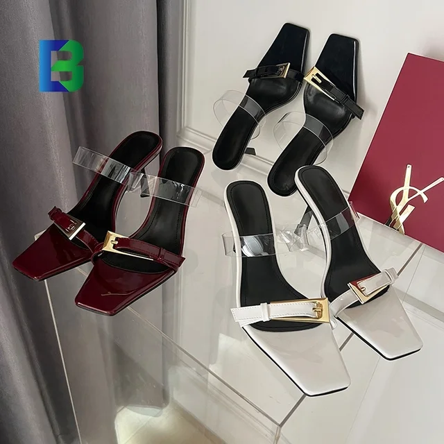 2024 Summer new European and American style high heel sandals fashion temperament square head metal buckle thin heel sandals