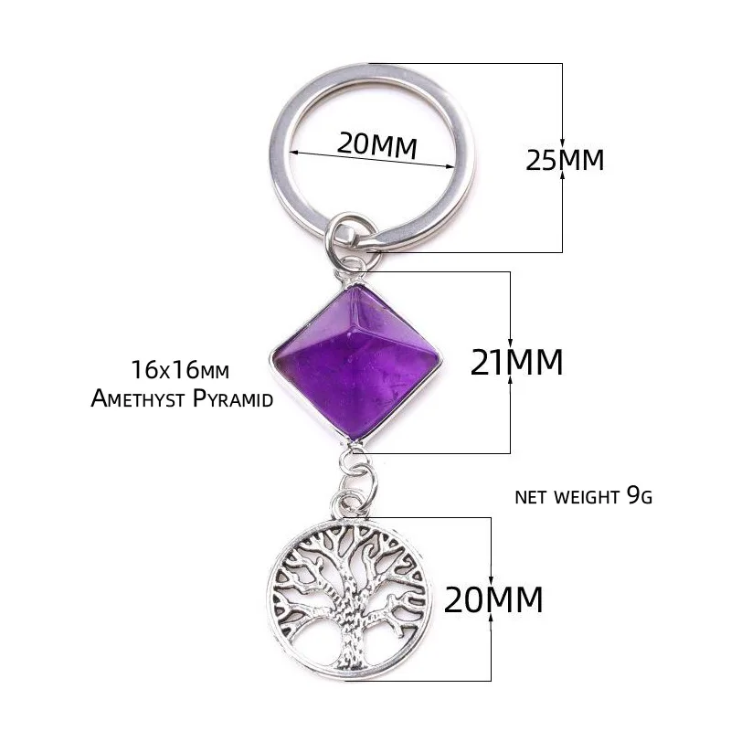 Amethyst Crystal Pyramid Life Tree Pendant Detachable Keychain White Crystal Opal Tiger Eye Stone Pyramid Key Rings Accessories