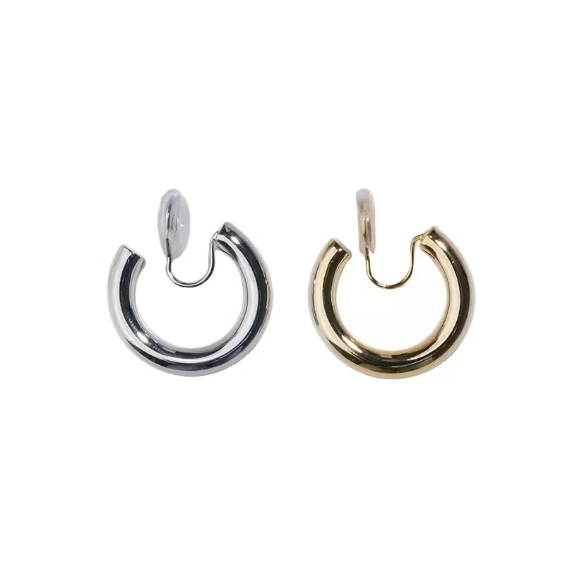 Minimalist 20mm Thick Circle No Piercing Clip on Hoop Earrings 18k Real Gold Non Pierced Cartilage Chunky Ear Cuff Earrings