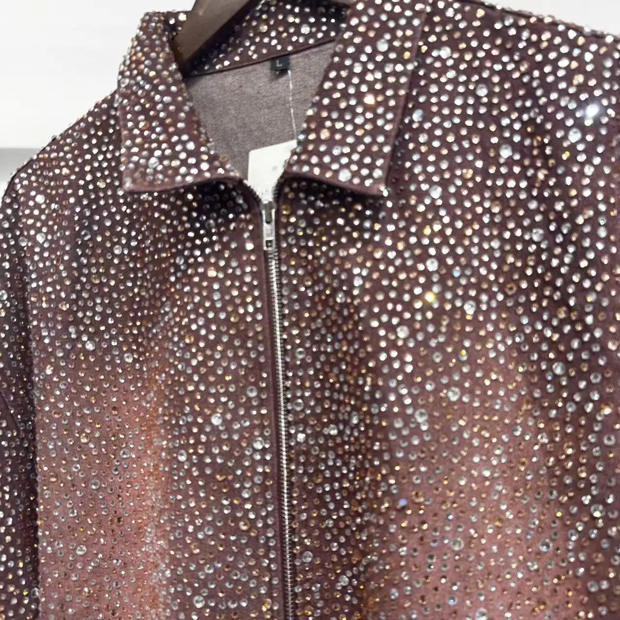 SALATI Custom Men's Acid-washed Zipper up Shirt Allover Shiny Rhinestones Streetwear Oversized Baggy Men Zip up Cotton Shirt gallery 2