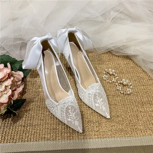 QuiteS New 2026 for Wedding Bridal Shoes Lace Bridesmaid White Pointed High Heels Sandals Thin Heel Beautiful Shoes for Women