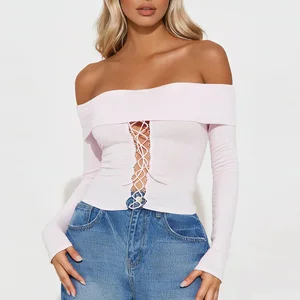 Factory Custom Women Long Sleeve Plain t Shirt off Shoulder Ladies Lace up Design Slim Fit High Stretch Jersey Cotton t Shirt