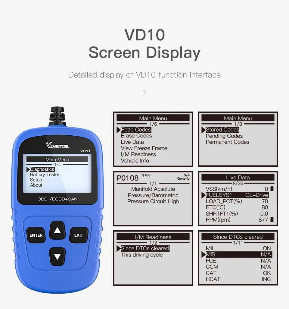 Vdiagtool VD10 OBD2 Scanner Car Code Reader EOBD OBD2 Scan Tool Check Engine Fault Code Read PK CR3001 319 ELM327 AD310