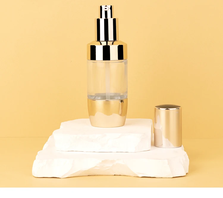 Luxury 30ml round skincare serum lotion bottle cosmetic bottle with gold lotion pump details