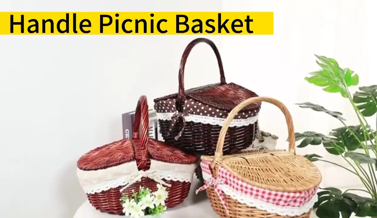 Handling Wicker Picnic Basket Set Country Style Oval Woven Storage