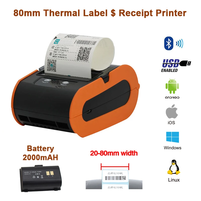 KEFAR Mini Portable Wireless Label Printer Blue Tooth Thermal Label Printer 80mm 58mm Receipt Printer for Ipad Android IOS