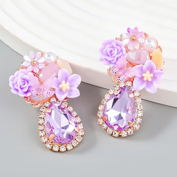 Exaggerated alloy glass diamond inlaid resin flower drop shaped super flash fairy new style stud earrings for woman