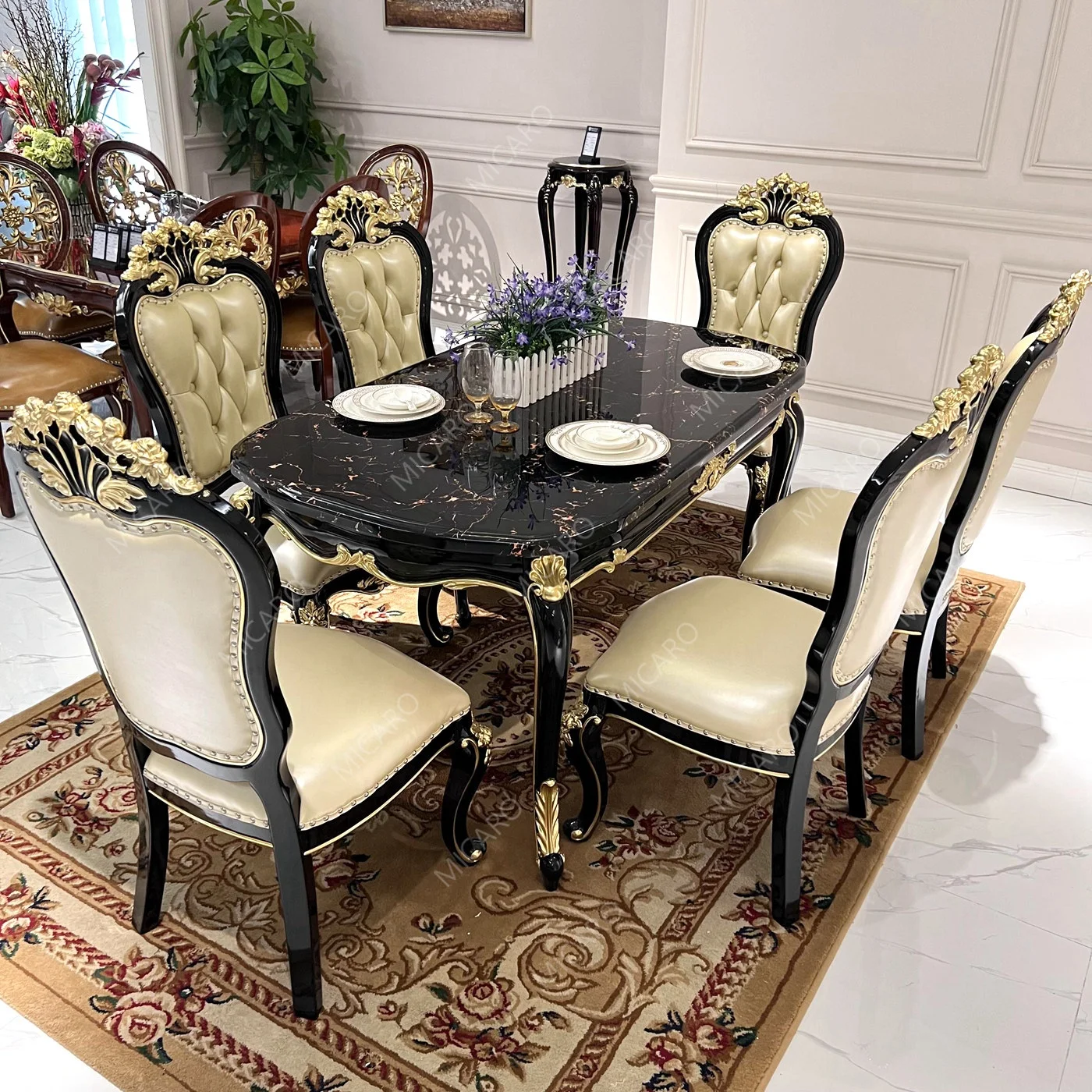 French Model Latest Design of Ebony Black Color Marble Top Wooden Antique Dining Table with 6 Chairs