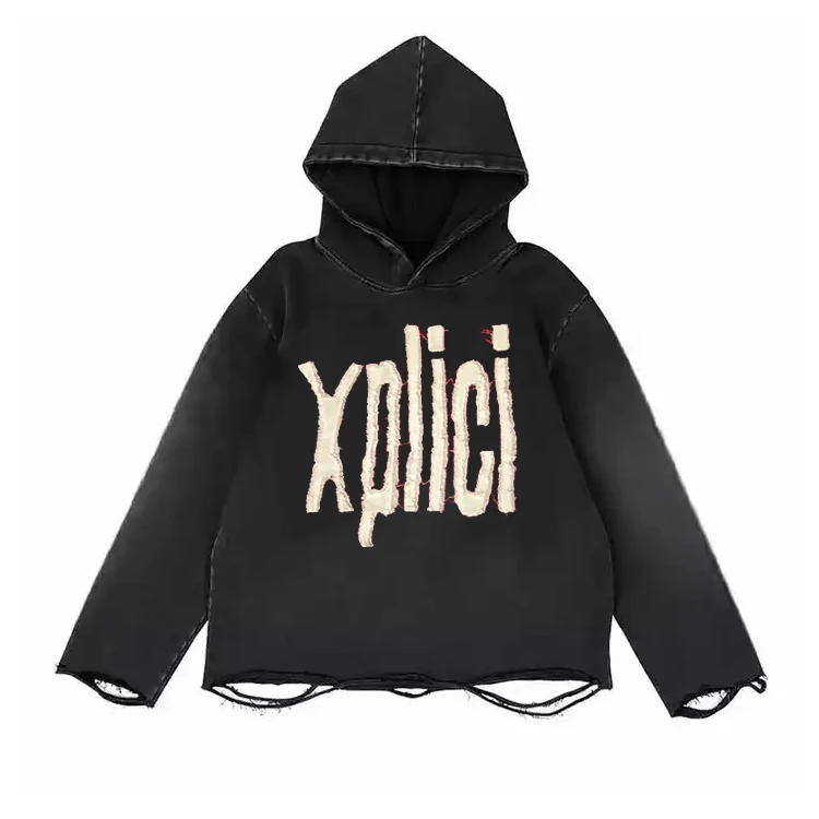 Distressed Vintage Washed Black Cropped Raw Hem Hoodie Streetwear Y2K 400 Gsm Embroidered Patch Letter Stone Wash Raw Hem Hoodie