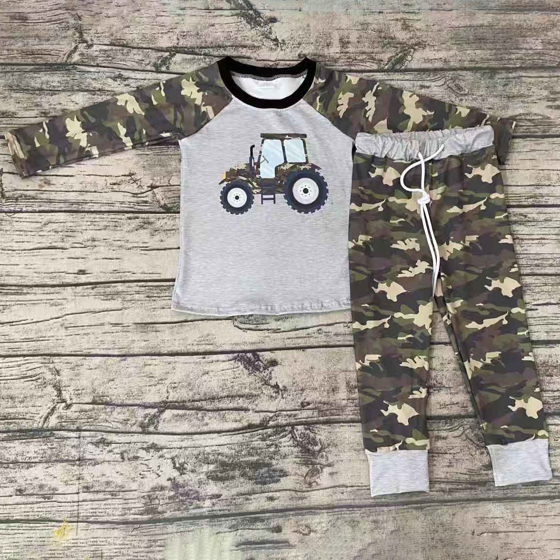 Boys Pajamas Set Camouflage Army Green Tank Gray Long Sleeve