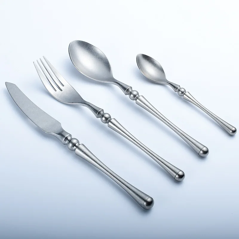 Small round handle high end stainless steel 304 Spoon Fork Knife Set Shinny Metal Silverware Wedding Bulk Golden Cutlery