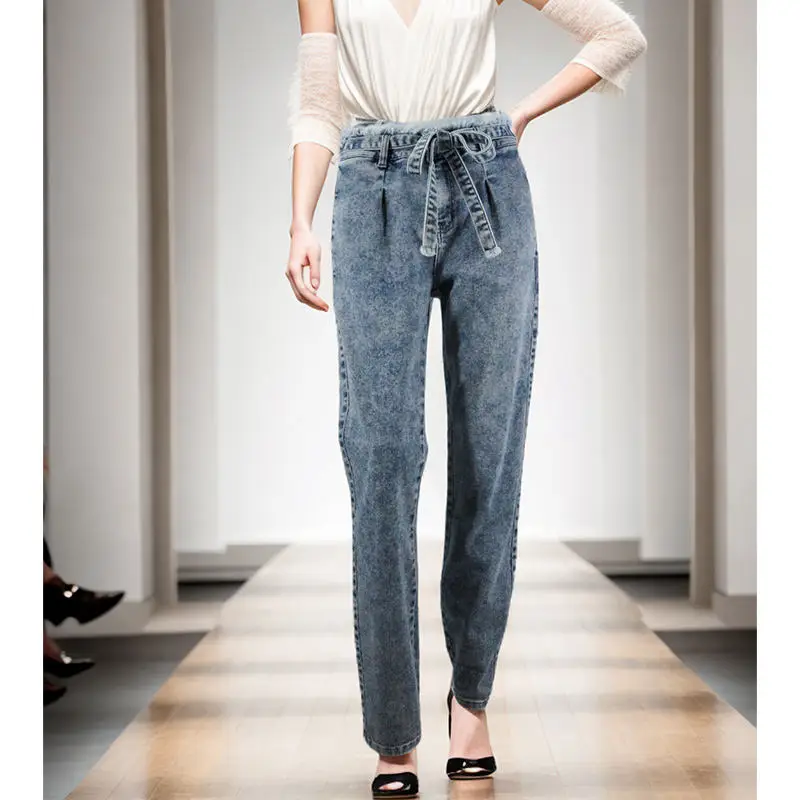 Women's High Waist Slim Stretch Denim Jeans Streetwear Bodycon Tassel Belt Bandage Skinny Push-up Style Button Hole Decoration