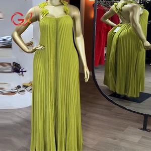 GX9439 Fashion 2025 Summer Clothing Boutique Women Sexy 3D Floral Strap Pleated Maxi Dresses Sleeveless Party Elegant Long Dress