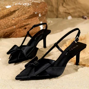 1208-11 Fashion Satin One-Word Single Strap Slingbacks Sandals Pointed Toe Bow Decor Light Weight for Summer Parties Daily Use