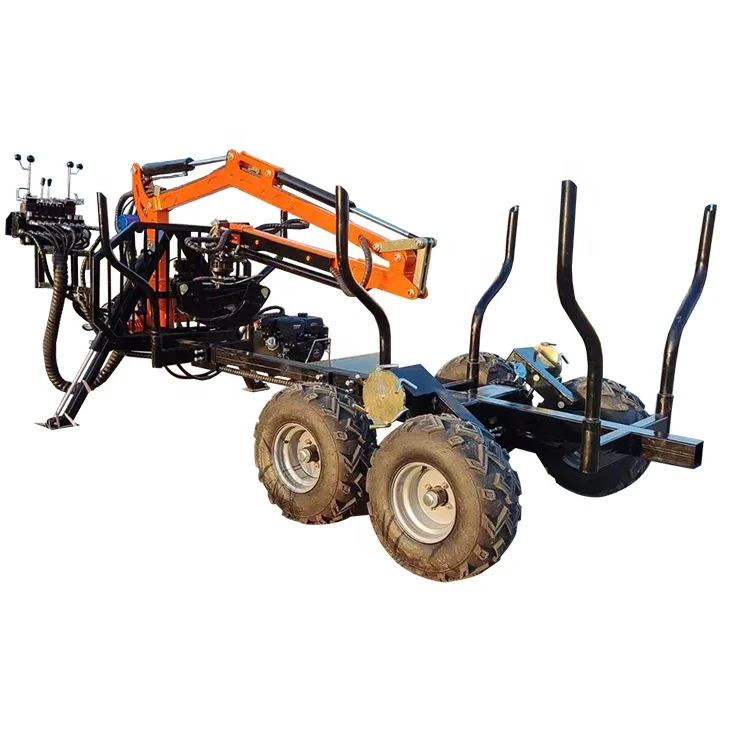 Towable Small Self Loading ATV Timber Log Trailer With Hydraulic Small Crane and Log Grab Grapple