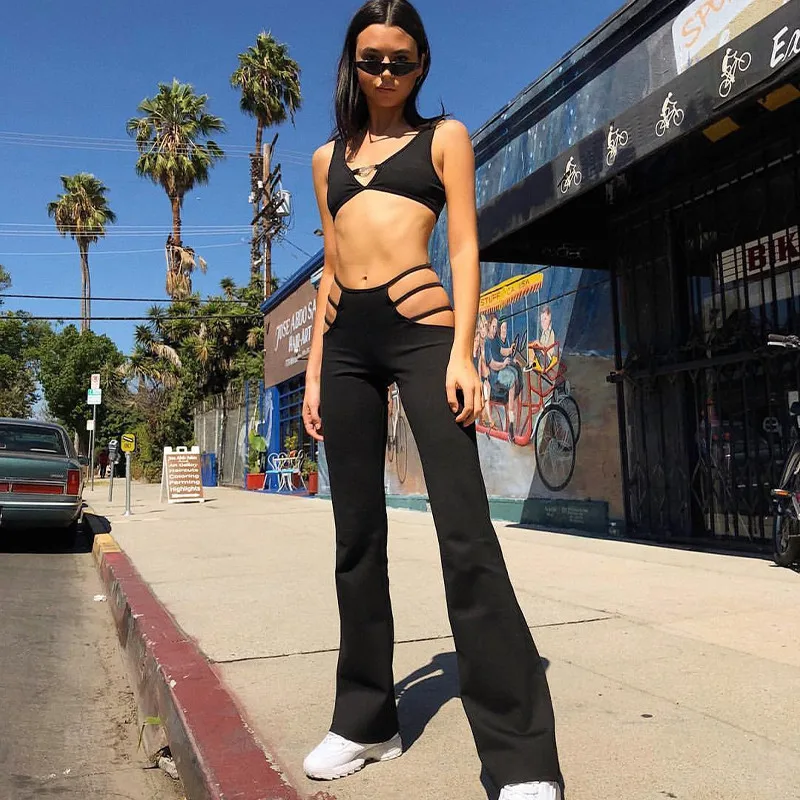 Women Low Waist Flare Pants Solid Color 