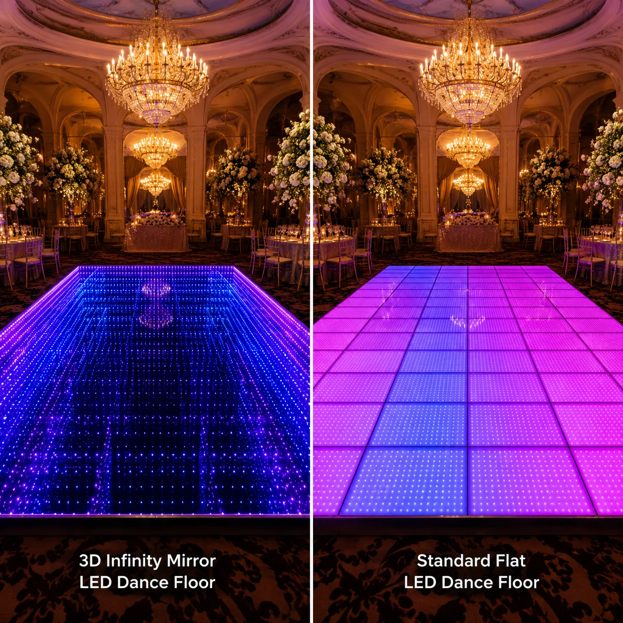Side by side comparison of 3D infinity LED dance floor and regular flat LED dance floor