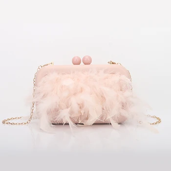 2024 New High Quality  Clutches Box  Chain Bridal Wedding Purse Pink Party Prom Turkey Feather Evening Bags