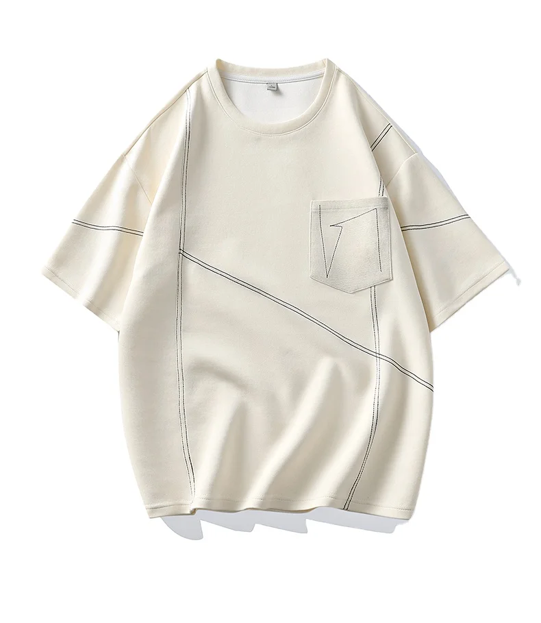 100% Cotton Casual Breathable Asymmetrical Patchwork Pocket Crew Neck T-Shirt Short Sleeve Top