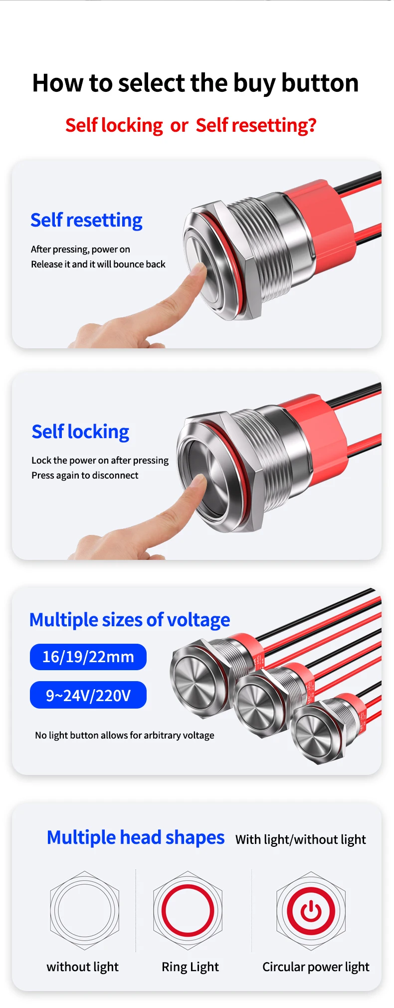 20A High-Power Brass IP67 Waterproof 2NO2NC Mechanical Head Full Illuminated Screw Terminal LED Industrial Control Button Switch