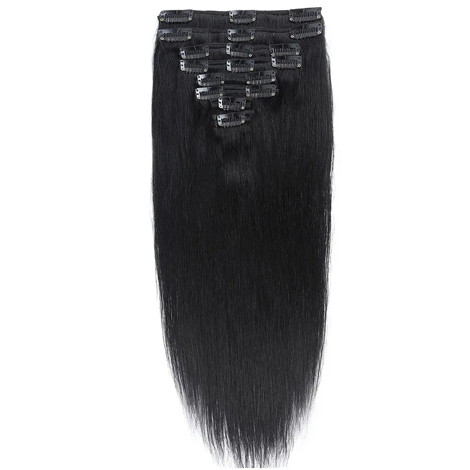 Brasilianische Remy-Echthaar-Extensions, voller Kopf, 8 Stück, weicher Clip in natürlicher Farbe_voghion.com