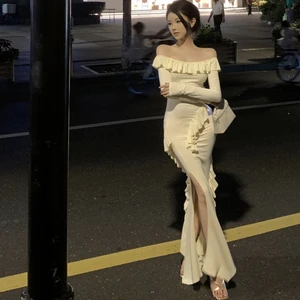 Knit Long-Sleeve Off-the-Shoulder Dress for Women - Casual Style, Ankle-Length, Elegant & Slimming