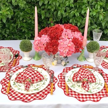Christmas Napkin Banquet Table embroidered placemat red part splicing color edge 100% Linen Scallop shaped edge Napkins