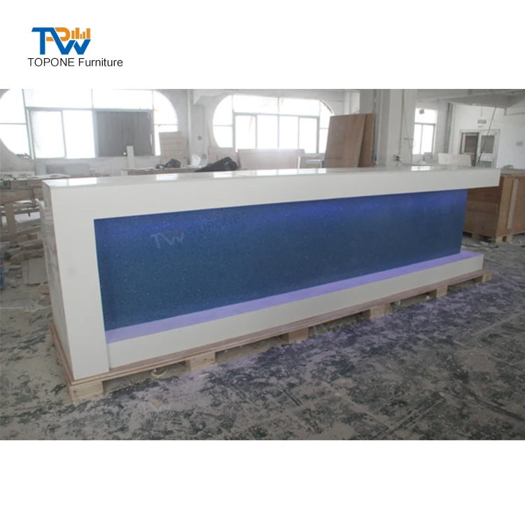 l Shape Blue Led Lighted Quartz Stone Restaurant bar Counter with Back Cabinet
