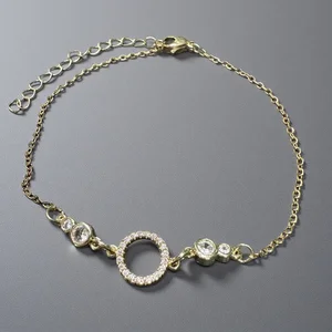 Newest Design Gold Plating Thin Chain Cubic Zircon Circle Ring Charm Women Adjustable Bracelet Jewelry for Gift
