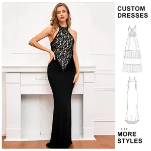 Women Dress Black Off-shoulder Strapless Sleeveless Summer Breathable Bodycon Club Party Long Lace Halter Backless Dresses