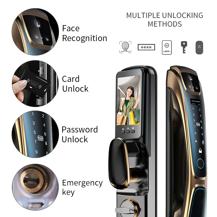 Premium quality Golden color smart lock Tuya Face Recognition Fingerprint Smart Door Lock with camera for home D28