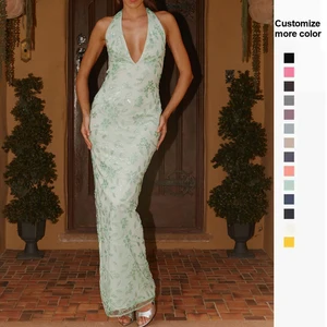 Factory Custom Elegant Garment  Fashion Gown  Backless Beading Dress Deed v Neck Party Prom Sexy Sequined Long Dress